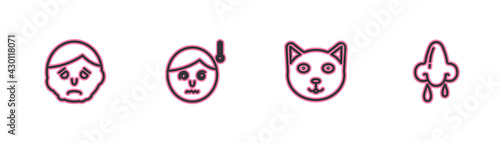 Set line Inflammation on face, Pet, High human body temperature and Runny nose icon. Vector