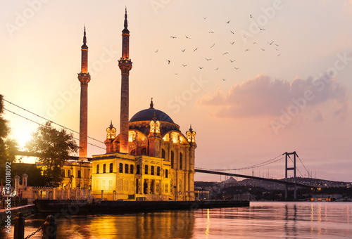 The Ortakoy Mosque and Bosphorus bridge at sunrise with many seagulls, Istanbul