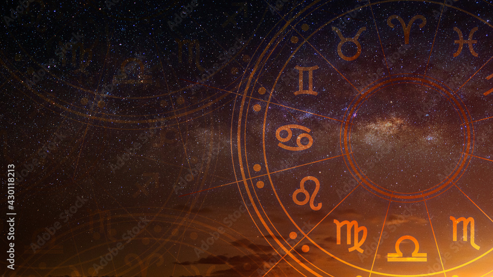 Astrological zodiac signs inside of horoscope circle. Astrology, knowledge of stars in the sky over the milky way and moon. The power of the universe concept. - obrazy, fototapety, plakaty 
