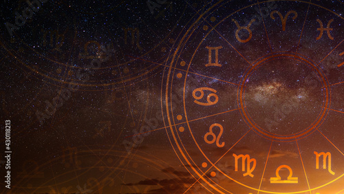Astrological zodiac signs inside of horoscope circle. Astrology, knowledge of stars in the sky over the milky way and moon. The power of the universe concept. photo
