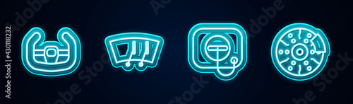 Set line Sport steering wheel, Windscreen wiper, Oil filler cap at gas station and Car brake disk with caliper. Glowing neon icon. Vector