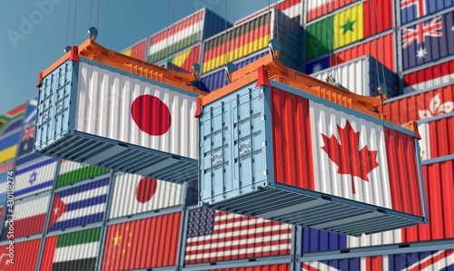 Freight containers with Japan and Canada national flags. 3D Rendering 