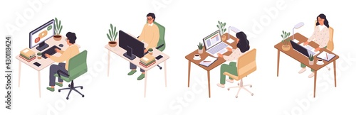 Isometric online education. Man and woman sitting at computer, back and face view, personal workplace, desktop with laptop, distance learning, student internet webinar vector set