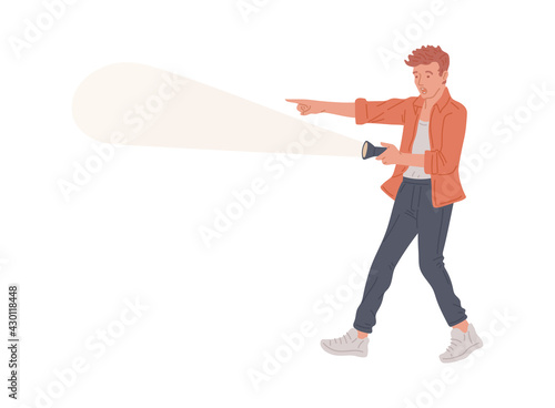 Man with a flashlight pointing the way, flat vector illustration isolated.