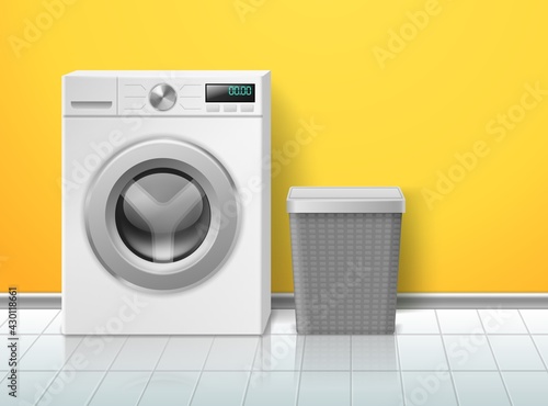 Realistic washing machine. Empty electronic washer, laundry basket in bathroom, domestic device in minimalist interior, front view 3d object, appliances and detergent vector concept