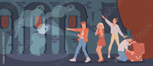 People in quest escape room searching for treasures, flat vector illustration.