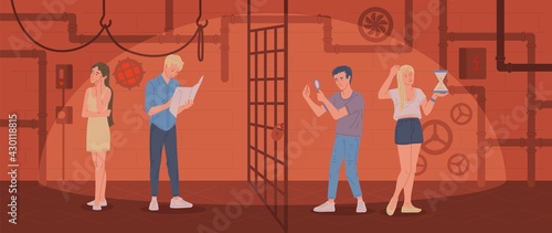 Young people play quest game in escape room a flat vector illustration