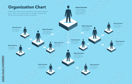 Company organization chart template with place for your content - blue version. Easy to use for your website or presentation.