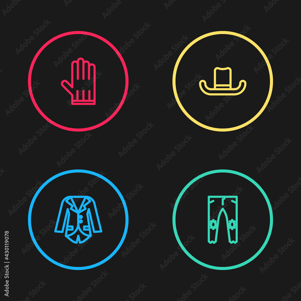 Set line Blazer or jacket, Pants, Man hat and Leather glove icon. Vector Set line Blazer or jacket, Pants, Man hat and Leather glove icon. Vector
