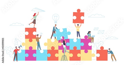 Puzzle teamwork. Little people with big puzzle pieces, colleagues cooperation, working collaboration in common business. Company teambuilding, startup project. Vector cartoon concept