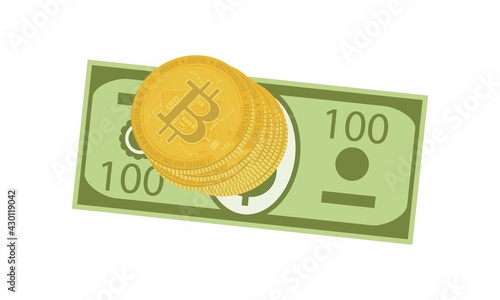 Investment currencies - US dollar and virtual bitcoins isolated on white background. Stack of gold coins of bitcoin cryptocurrency and fiat US dollar in flat style. Vector illustration.