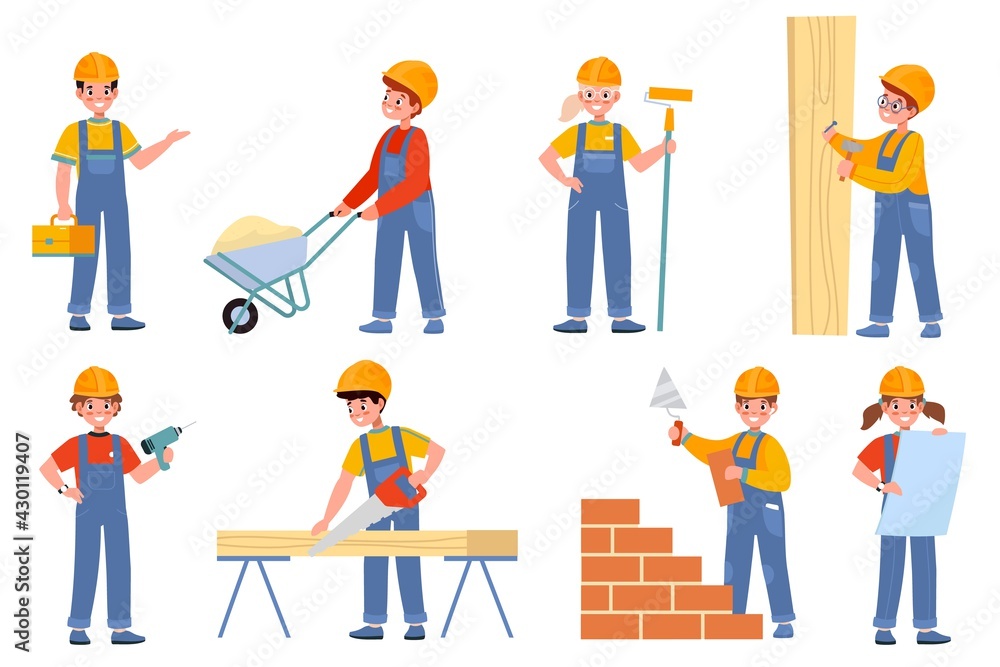Kids builders. Young engineers in uniform and helmets, children professionals construction site, carpenter, and molar. Teen workers use special tools. Vector cartoon isolated set
