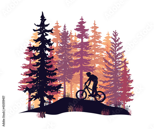 Silhouette of mountain bike rider in wild nature landscape. Forest background. Orange, violet, pink illustration.