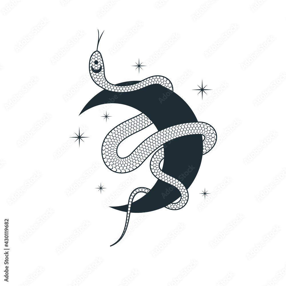 Esoteric snake moon print. Mystic tattoo in boho style. Celestial poster.  Spiritual lunar illustration. Stock Vector | Adobe Stock