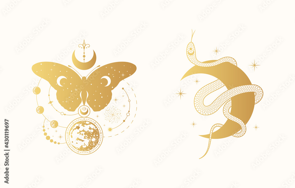 Obraz Złote nadruki ezoterycznego księżyca węża. Mistyczny złoty tatuaż w stylu boho. Niebiański plakat z wężem i motylem. Duchowa ilustracja księżyca.