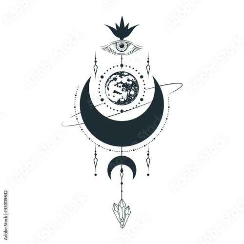 Esoteric moon illustration. Mystic tattoo in boho style. Celestial print. Spiritual lunar illustration.