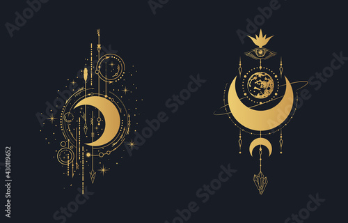 Esoteric geometric moon print set. Mystic tattoo in boho style. Celestial poster. Spiritual lunar illustration.