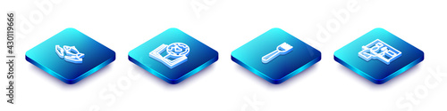 Set Isometric line Fish care, Earth globe and book, Disposable plastic fork and Stop pollution icon. Vector