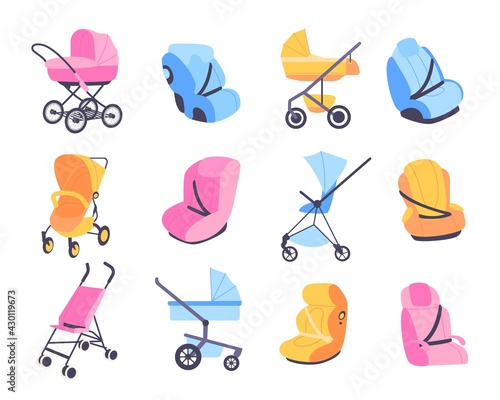 Childish strollers. Different baby buggies and car seats, blue pink and yellow perambulator or booster chair, kids carriages cradles, transformers and universal vector cartoon isolated set