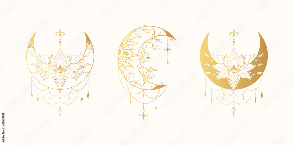 Celestial floral lotus moon illustration collection. Spiritual lunar tattoo with flowers. Mystical gold bohemian prints. - obrazy, fototapety, plakaty 