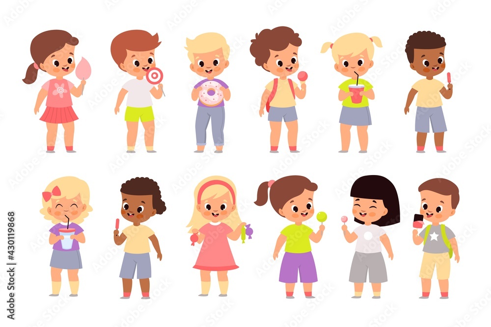 Children eat sweet food. Cute kids with candies, sugar cotton and desserts, boys and girl hold lollipops, doughnut and ice cream, delicious drinks and snacks vector cartoon set Children eat sweet food. Cute kids with candies, sugar cotton and desserts, boys and girl hold lollipops, doughnut and ice cream, delicious drinks and snacks vector cartoon set