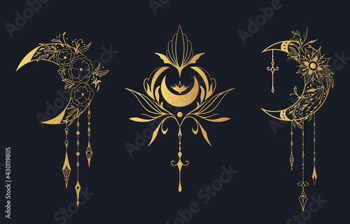 Golden Celestial floral moon prints set. Mystical lunar tattoos with flowers. Gold Spiritual boho posters.