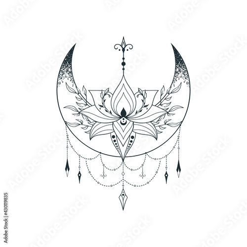 Celestial lotus moon print. Mystical lunar tattoo with flowers. Spiritual boho illustration.
