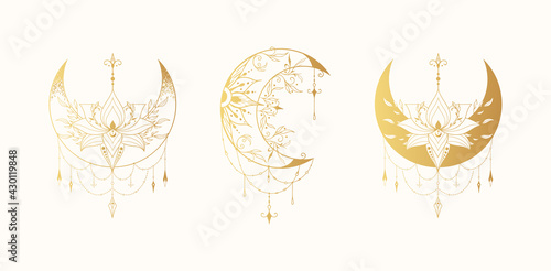 Celestial floral lotus moon illustration collection. Spiritual lunar tattoo with flowers. Mystical gold bohemian prints.