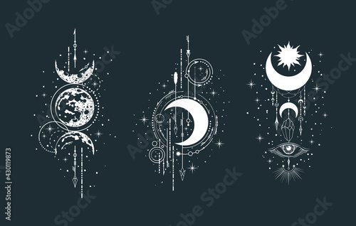 Geometric celestial half moon illustration set. Mystical lunar phase tattoo. Spiritual esoteric prints.