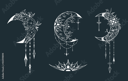 Set of celestial floral half moon illustrations. Mystical lunar phase tattoo. Spiritual esoteric prints with flowers.