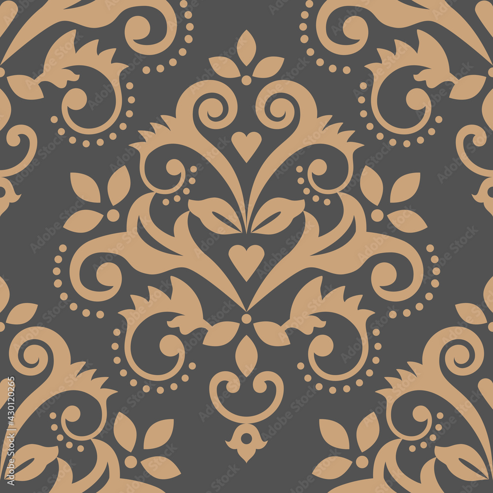 Damask tiled wallpaper, textile or fabric print pattern, traditional vector design with flowers, leaves and swirls
