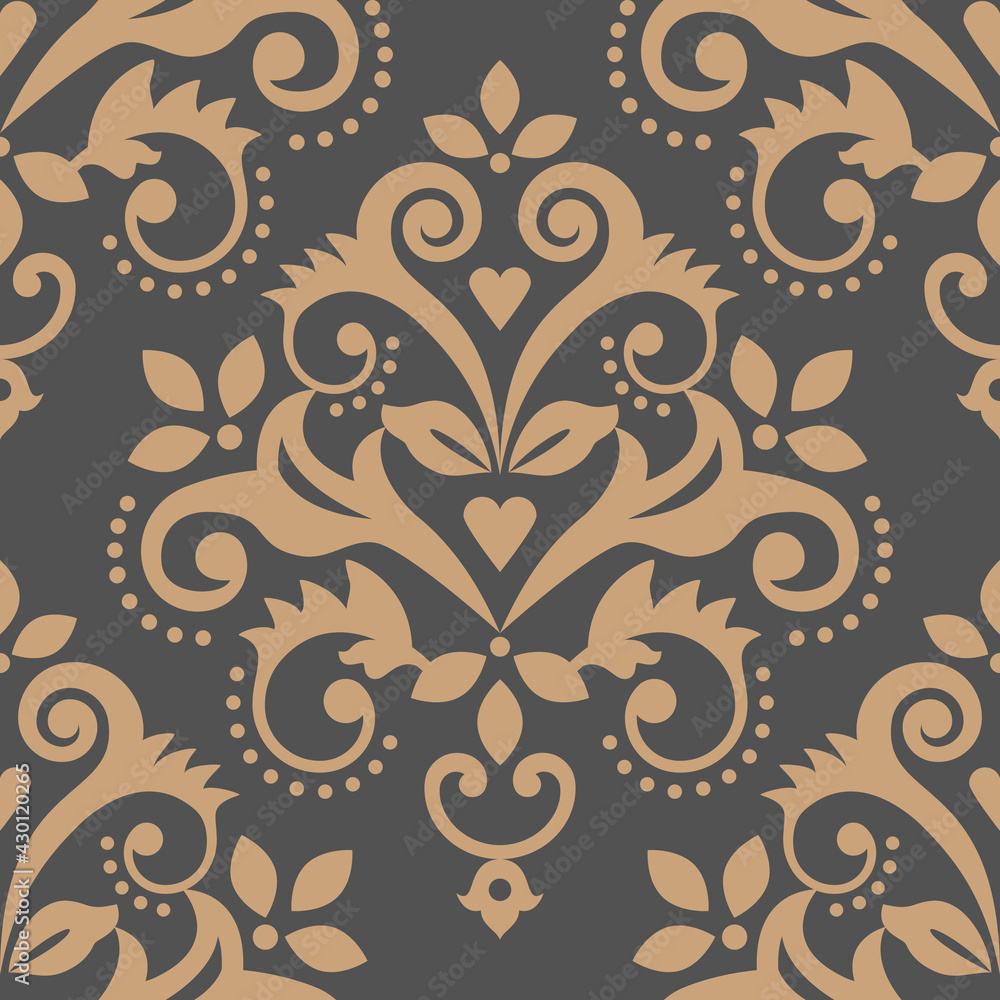 Damask tiled wallpaper, textile or fabric print pattern, traditional vector design with flowers, leaves and swirls
Damask tiled wallpaper, textile or fabric print pattern, traditional vector design with flowers, leaves and swirls