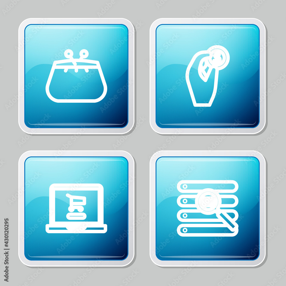 Set line Wallet, Hand holding coin money, Shopping cart laptop and Search browser window icon. Vector Set line Wallet, Hand holding coin money, Shopping cart laptop and Search browser window icon. Vector