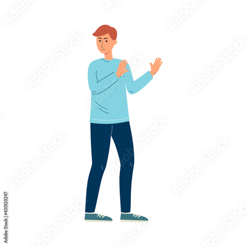 A man overloaded with information under stress shows a stop gesture.