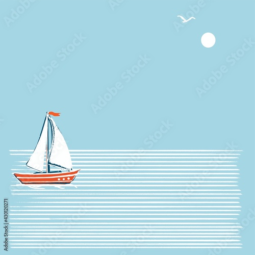 Square postcard. Illustration in a retro marine style. White sailboat on white stripes of water.