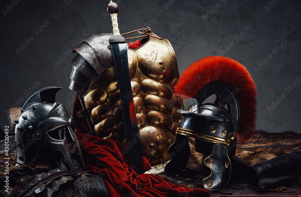 Suit of armor of roman legionary and gladiato - obrazy, fototapety, plakaty 