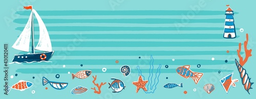 Horizontal banner. An illustration on a nautical theme. White sailboat on a strip of water with marine fauna.