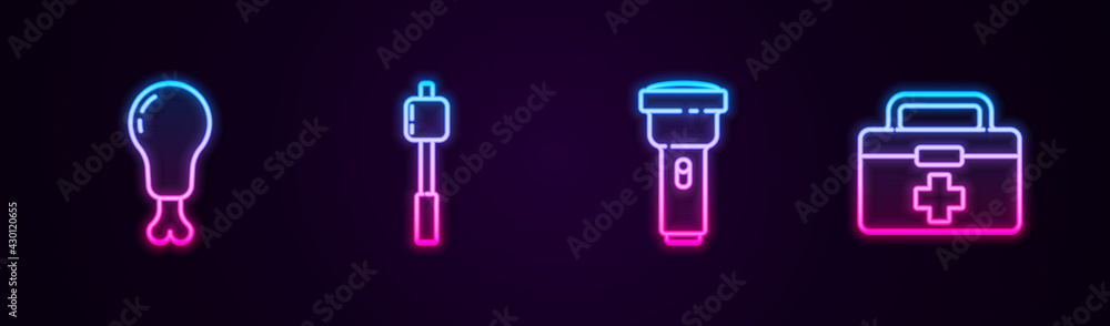 Set line Chicken leg, Marshmallow on stick, Flashlight and First aid kit. Glowing neon icon. Vector Set line Chicken leg, Marshmallow on stick, Flashlight and First aid kit. Glowing neon icon. Vector