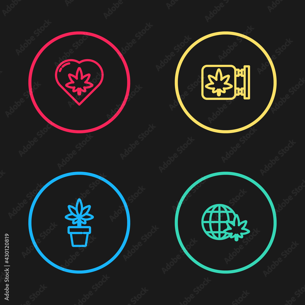Set line Marijuana or cannabis plant, Legalize marijuana globe, and store and leaf in heart icon. Vector