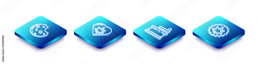 Set Isometric line Cookies with marijuana, Marijuana leaf in heart, Manual grinder and or cannabis icon. Vector Set Isometric line Cookies with marijuana, Marijuana leaf in heart, Manual grinder and or cannabis icon. Vector