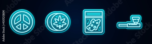 Set line Peace, Herbal ecstasy tablets, Plastic bag of cannabis and Smoking pipe. Glowing neon icon. Vector