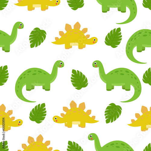 Seamless pattern with cute cartoon dinosaurs and leaves.