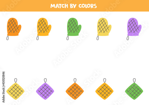 Color matching game for preschool kids. Match potholders.
