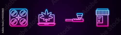 Set line Medical pills with marijuana, Laptop and or cannabis, Smoking pipe and bottle. Glowing neon icon. Vector