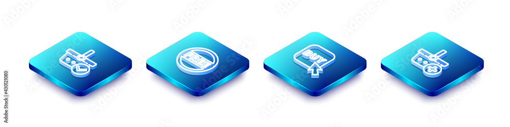 Set Isometric line Shopping basket with check mark, Price tag Free, Buy button and Add icon. Vector Set Isometric line Shopping basket with check mark, Price tag Free, Buy button and Add icon. Vector