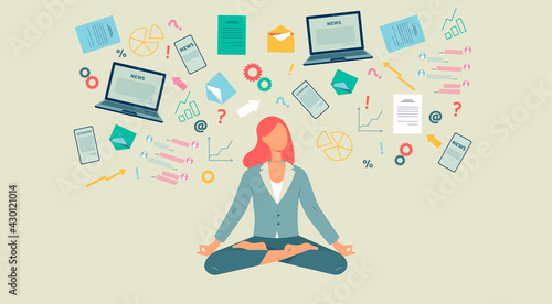 Information overload relief concept banner with woman meditating