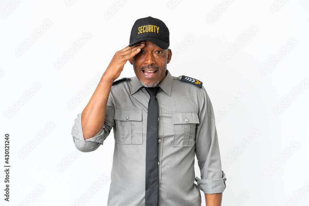 Senior staff man isolated on white background doing surprise gesture while looking to the side Senior staff man isolated on white background doing surprise gesture while looking to the side