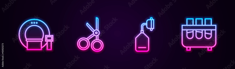 Set line Tomography, Medical scissors, oxygen mask and Test tube and flask. Glowing neon icon. Vector Set line Tomography, Medical scissors, oxygen mask and Test tube and flask. Glowing neon icon. Vector