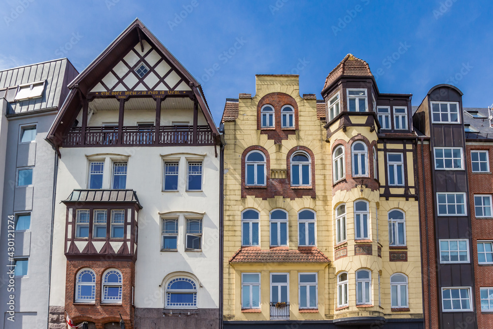 Front facade of historic buildings in Flensburg, Germany