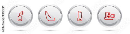 Set line Medical oxygen mask, Inhaler, and Blood pressure. Silver circle button. Vector